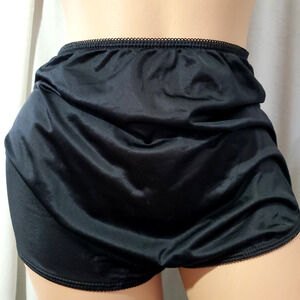 Vintage GREENCO Women's Brief Granny Panty SHINY BLACK SATIN Semi Sheer XL